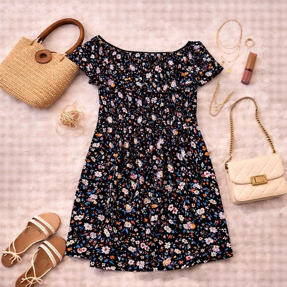 Young USA Black Floral Off Shoulder Dress Size Large Ruffle